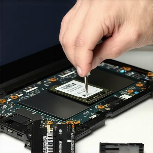 Laptop SSD Upgrade Process A person replacing a laptop's internal SSD using screwdriver and new drive.