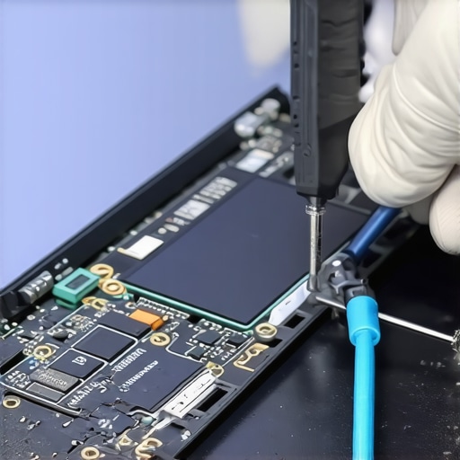 Technician soldering a loose charging port inside a laptop