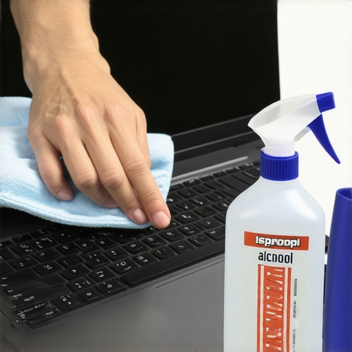 Laptop maintenance tools in action Person cleaning a laptop screen with microfiber cloth and spray bottle