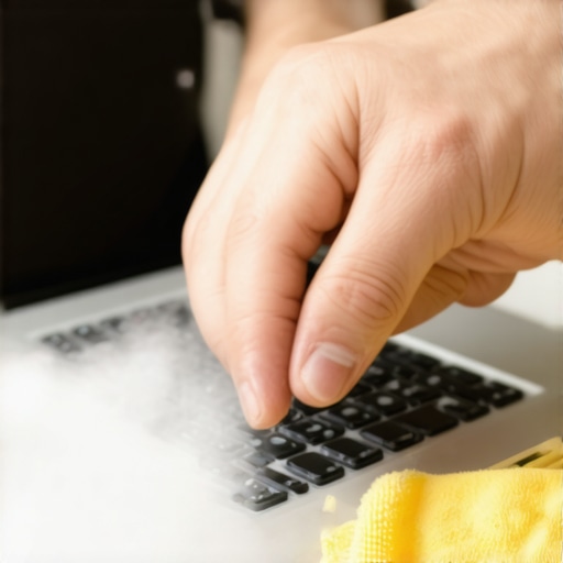 Person using compressed air and microfiber cloth to clean a laptop