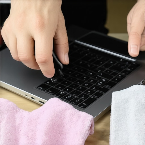 Person cleaning a laptop with compressed air and cloth for optimal performance.