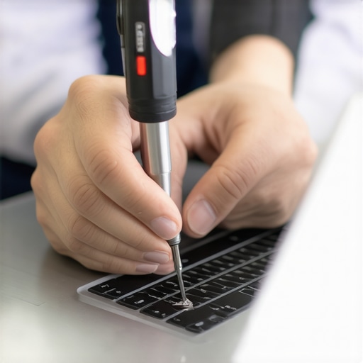 Technician performing hardware inspection with screwdrivers and thermal gun on laptop