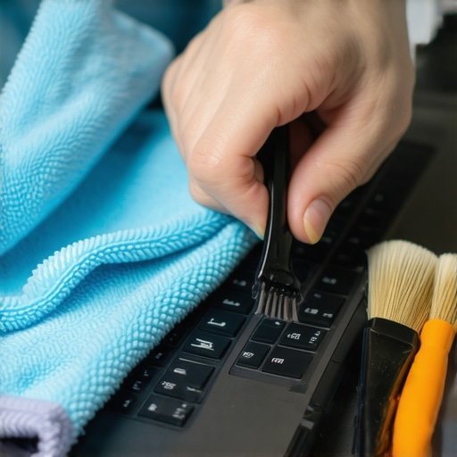 Person cleaning a laptop keyboard and screen with microfiber cloth and brushes