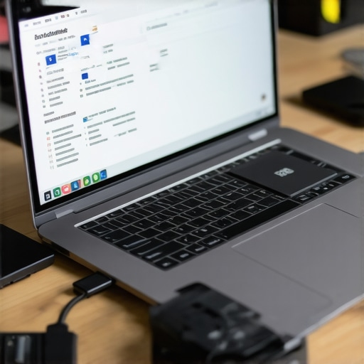 Monitoring Laptop Drive Health with CrystalDiskInfo Person checking their laptop's SSD health using CrystalDiskInfo application, with external SSD in workspace.
