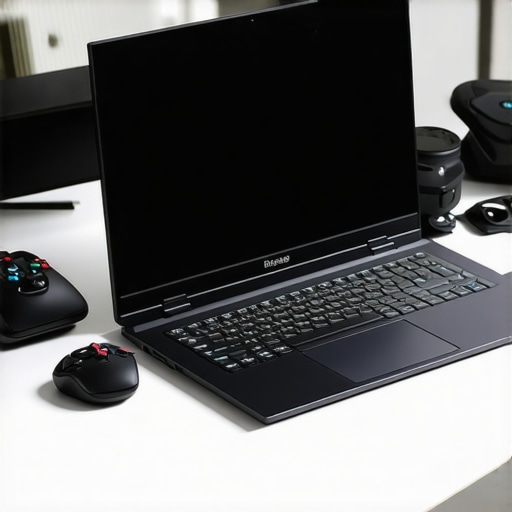Portable gaming laptop setup Lightweight gaming laptop with accessories on a desk for portable gaming