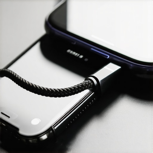Close-up of braided USB-C charging cable connected to a smartphone on a desk.