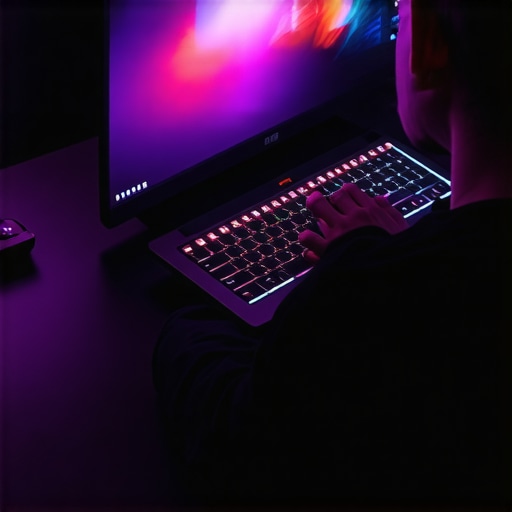 Person using a gaming laptop with cooling pad in a quiet room