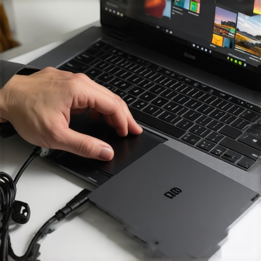 Person connecting external hard drive to laptop with photo files visible