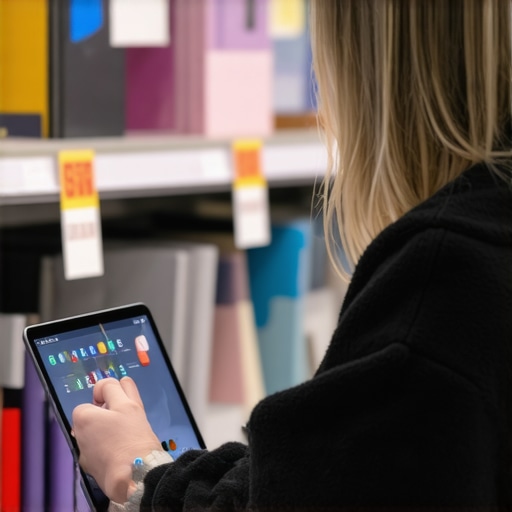 Person comparing affordable laptops in a shop, focusing on price and features.