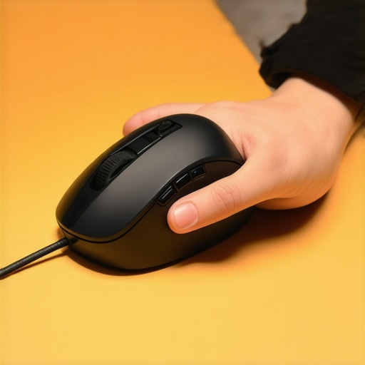 Close-up of a small ergonomic mouse being held by a user's hand