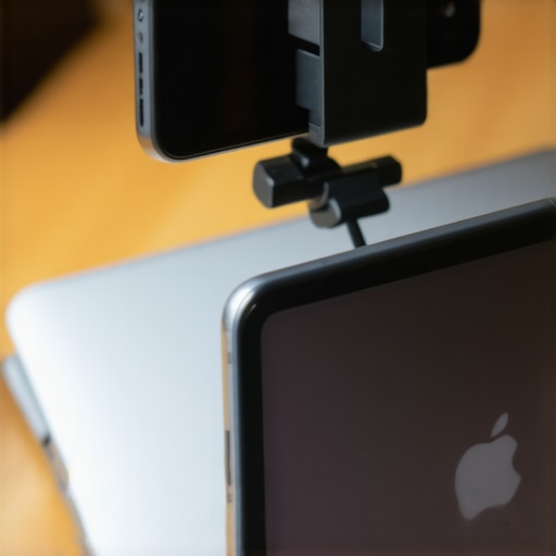 Smartphone mounted on tripod connected to a laptop, illustrating webcam conversion