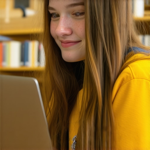 Student enjoying using a durable, well-built laptop in a library setting.