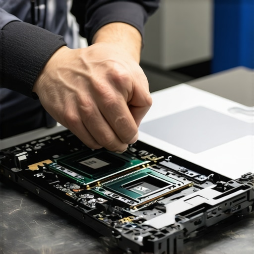 Repair technician examining the upgradeable components inside a business-grade laptop.