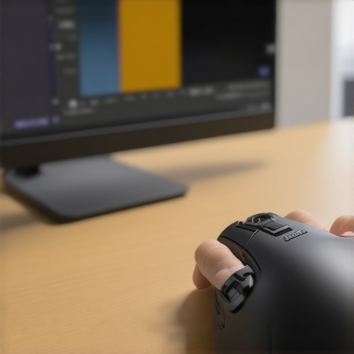 Close-up of a hand navigating a Logitech MX Ergo trackball mouse during video editing.