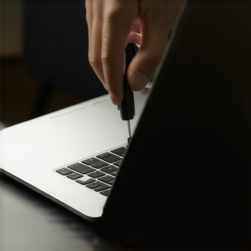 Using a pry tool to open a laptop safely A hand carefully prying open a laptop with a flat tool along the seam, showing the initial opening step.