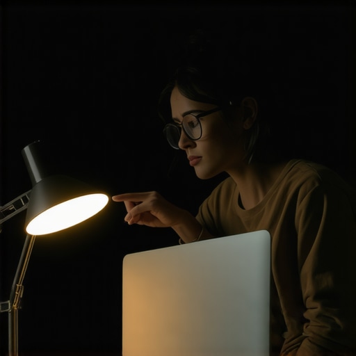 A person repositioning a desk lamp to eliminate reflections on a glossy laptop display.