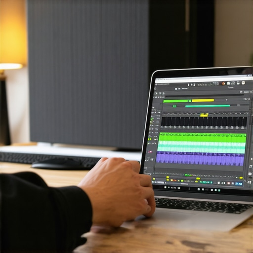 A professional tweaking audio gain and levels on a business laptop in a treated home studio.