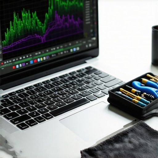 Advanced Laptop Security and Maintenance Tools A network monitoring graph and a laptop repair toolkit on a desk.