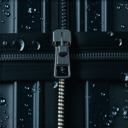 Close-up of a waterproof rubberized zipper on a professional laptop backpack with water beading off the surface.