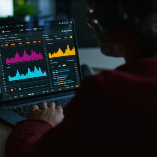 A laptop screen displaying a Wi-Fi signal analyzer tool with graphs.