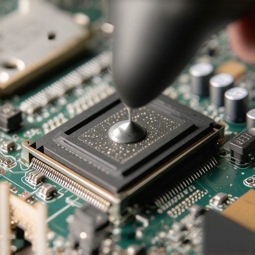 Applying High-Performance Thermal Paste to a Laptop CPU Close-up of thermal paste application on a laptop processor die for better cooling.