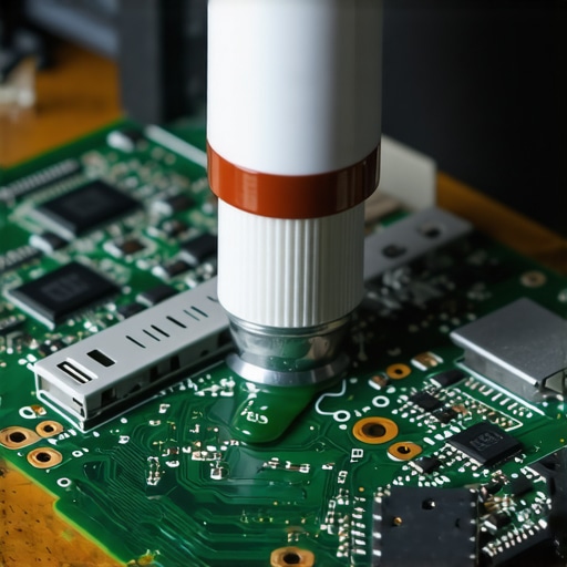 A technician carefully applying a small amount of thermal compound to a laptop processor on a motherboard.