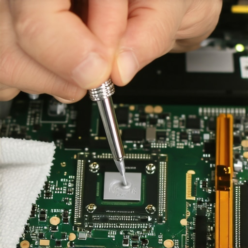 Close-up of laptop maintenance and applying thermal paste to processor