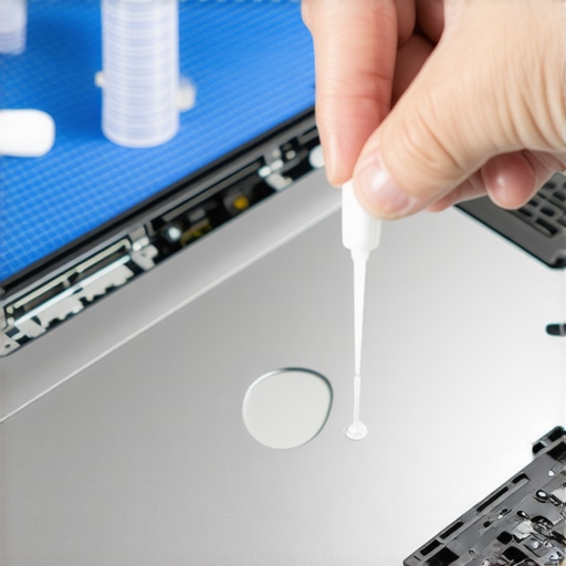 A technician performing preventative maintenance on a laptop hinge using specialized lubricant.