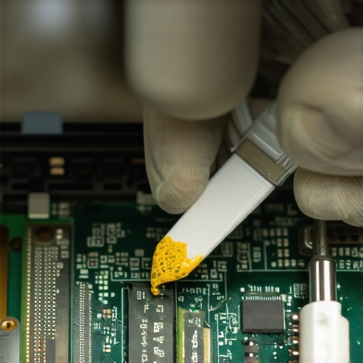 Close up of a technician applying new thermal paste to a laptop processor for maintenance.