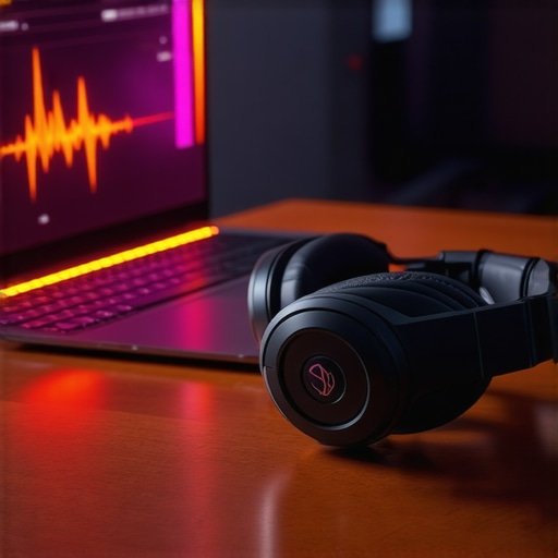 Calibrating Headset EQ Software Close-up of a gaming headset and laptop screen showing an equalizer software interface