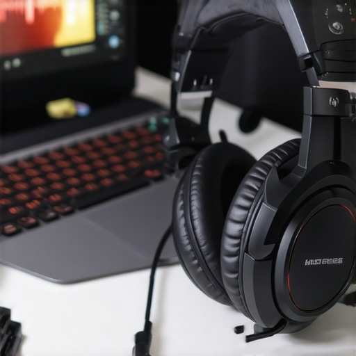 Calibrating custom equalizer settings on a gaming laptop Close up of a gaming headset and an equalizer software interface on a laptop
