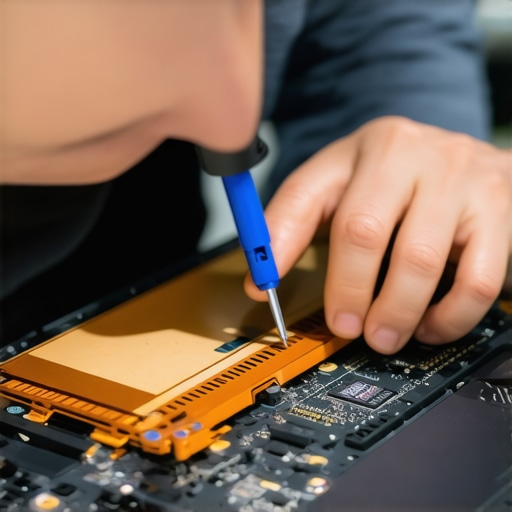 Technician inspecting internal RAM slots and cooling system of a professional laptop
