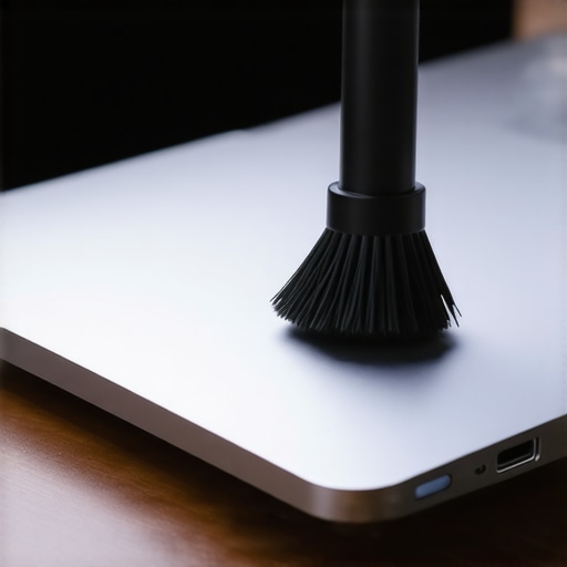 A person using a brush and compressed air to clean a USB-C hub and laptop port