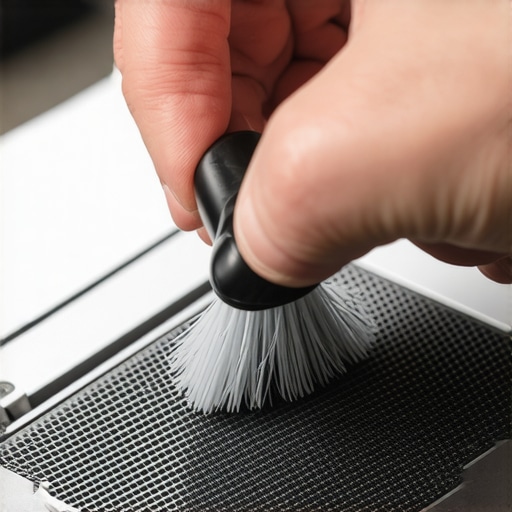 Close up of cleaning laptop speaker grilles with a soft brush to prevent sound distortion.