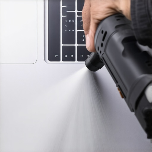 Cleaning Laptop Vents with Electric Duster Close-up of an electric duster removing dust from laptop vents.
