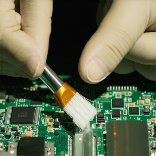 A technician cleaning a laptop motherboard with isopropyl alcohol and an anti-static brush.
