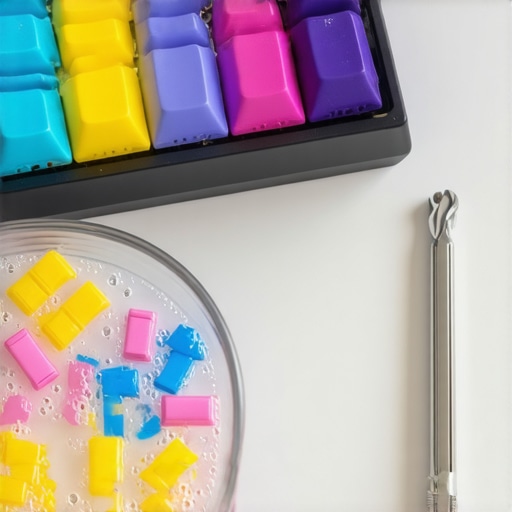 A wire keycap puller next to a mechanical keyboard during a deep cleaning routine.