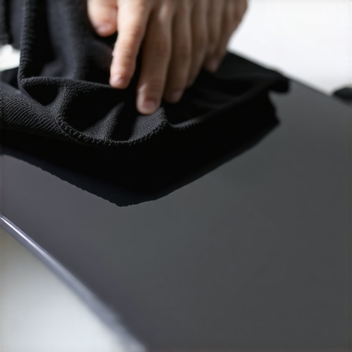 Cleaning a Glossy Laptop Screen Hands wiping down a glossy laptop display with a microfiber cloth