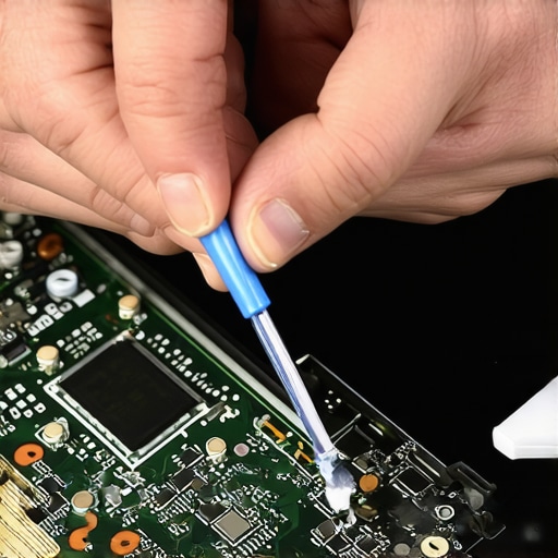 A technician using a toothbrush and isopropyl alcohol to clean sticky residue from a laptop motherboard.