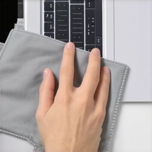 A hand wiping down a sleek laptop trackpad using a damp microfiber cloth to remove dirt and oils.