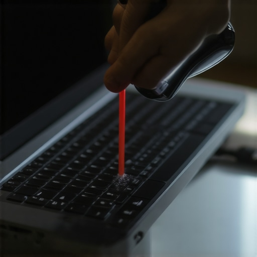 Cleaning a laptop keyboard with compressed air Close up of using compressed air to clean dust from a laptop keyboard