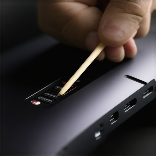 Using a wooden toothpick to remove lint from a laptop charging port to fix a loose connection.