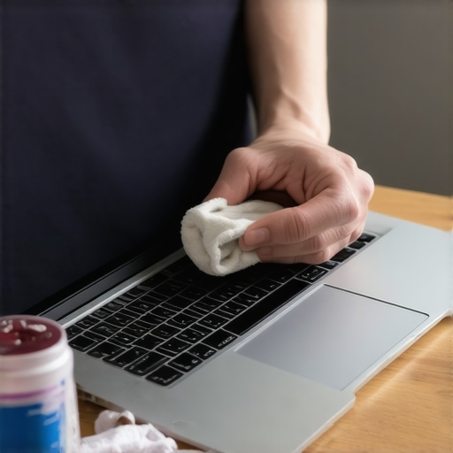 Hands cleaning a privacy filter with a microfiber cloth on a desk