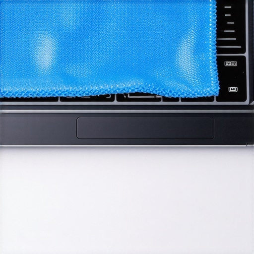 A person cleaning a thin webcam cover on a laptop bezel with a microfiber cloth.