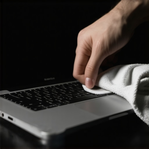Cleaning a premium laptop screen with microfiber A hand gently cleaning a glossy laptop screen using a high-density microfiber cloth to prevent scratches