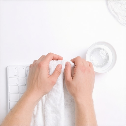 Cleaning a white laptop with microfiber cloth Close up of hands cleaning a white laptop using a microfiber cloth to prevent yellowing.