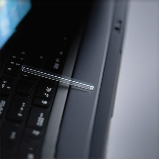 Close up of a person cleaning debris from the gap of a laptop trackpad with a thin tool.