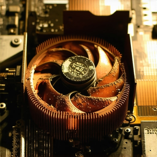 A dusty laptop fan and heat sink showing the need for internal cleaning.