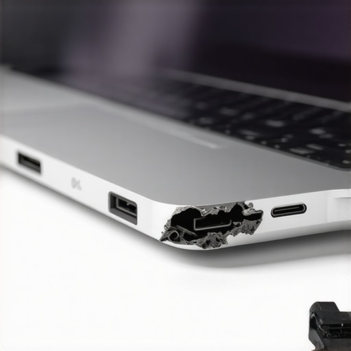 Macro view of a burnt and damaged laptop charging port caused by poor power delivery.