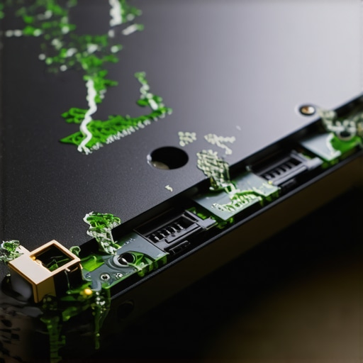 Detailed view of mineral deposits and green corrosion inside a laptop USB port indicating liquid damage.